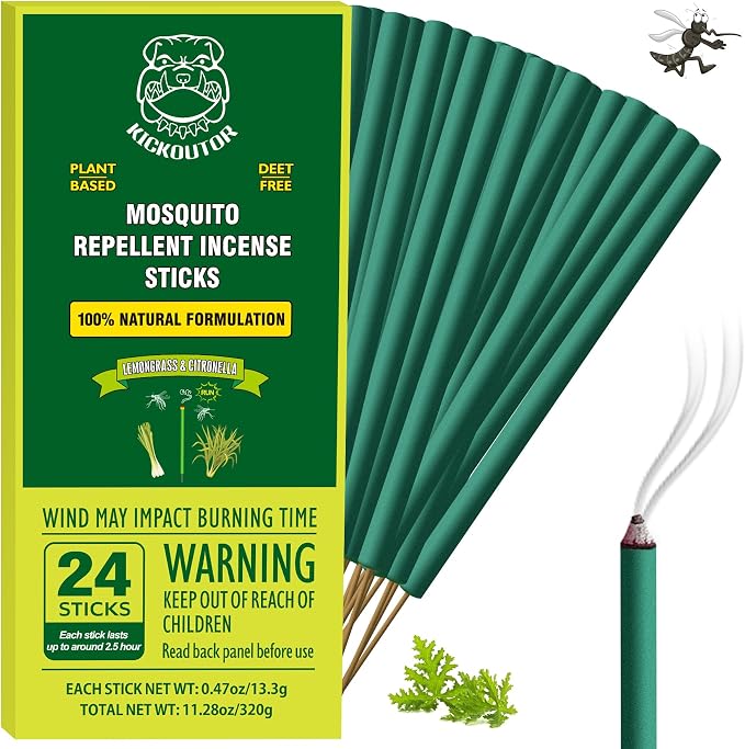 KICKOUTOR Mosquito Repellent Incense Sticks with Natural Citronella Oil, 24 Count DEET-Free Outdoor Protection for Patios, Backyard Gatherings & Camping, Up to 2.5-Hour Against Gnats & No-See-Ums