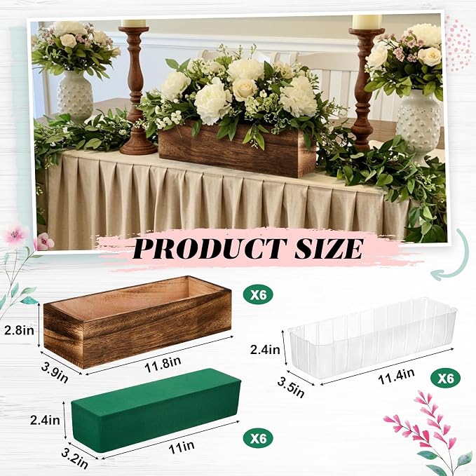 Dandat 6 Set Wood Boxes for Centerpieces 12x4 Inch Rectangle Wooden Planter Box Rustic Wood Planter with Removable Plastic Liner Floral Foam Blocks for Centerpieces Home Wedding Garden Decor