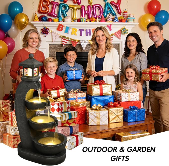 35.4" Outdoor Water Fountain, 3 Tier Bowl Cascading Freestanding Water Fountain, Lantern Style Garden Water Feature with LED Lights, Suitable for Patio Yard Porch Landscape, Grey