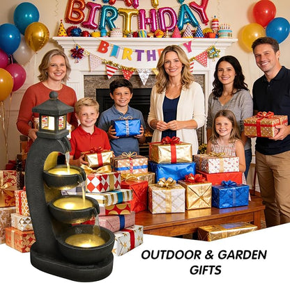 35.4" Outdoor Water Fountain, 3 Tier Bowl Cascading Freestanding Water Fountain, Lantern Style Garden Water Feature with LED Lights, Suitable for Patio Yard Porch Landscape, Grey