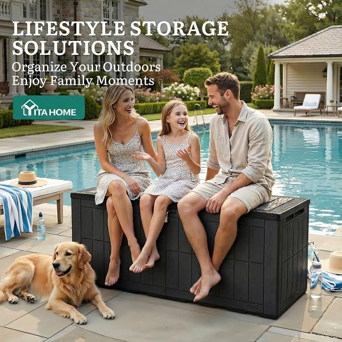 YITAHOME 134 Gallon Large Deck Box | Waterproof Resin Outdoor Storage Box with Lock, Doubles as 2-Person Bench Seating for Patio Furniture Cushions,Garden Tools &