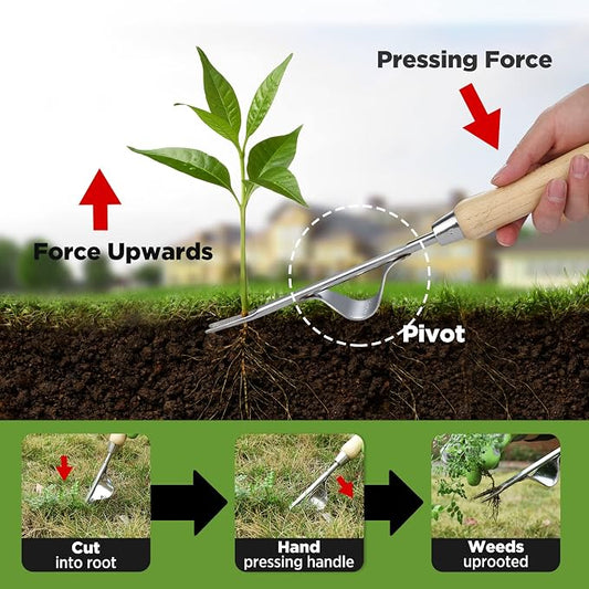 WORKPRO Weed Puller Tool, Metal Leverage Base and V-Shaped Forks for Easy Weed Removal & Deeper Root Digging, Heavy Duty Stainless Steel with Soft Handle, Manual Hand Weeder for Gardening