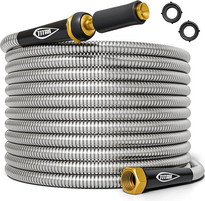 TITAN Garden Hose 25FT - 304 Stainless Steel Metal Water Hose, Flexible, Kink-Free, Lightweight, Durable, Crush Resistant Fittings, Easy to Coil, 500 PSI