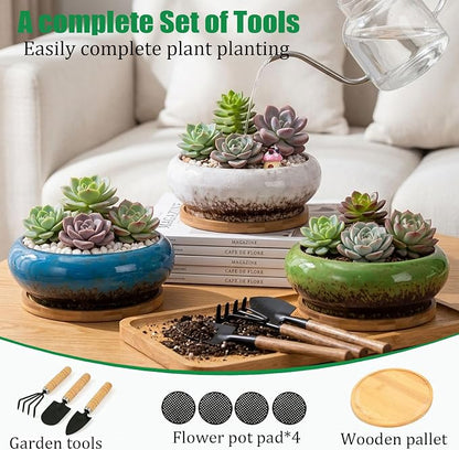 Drzewo Succulent Pots, Succulent Pots with Drainage & Bamboo Tray, 7-Inch Ceramic Drip Glazed Shallow Planter Container Bowl for Indoor Outdoor Plants, Decorative Garden Cactus Flower