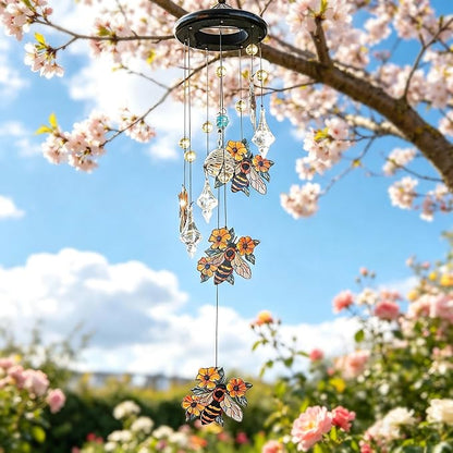 27'' Memorial Bee Wind Chimes with Crystals for Outside,Garden Patio Decor | Sympathy & Memorial Gift,Handcrafted Bee Design,Durable Indoor/Outdoor Decor,Thoughtful Gift for Mom/Grandma,Easy-to-Hang