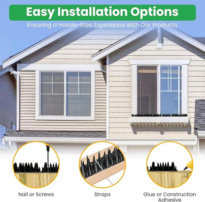 BUGGOFF - Bird & Rodent Spikes, Unique Spike Pattern effecitviely deteres Pesky Pigeons, Squirrels, Raccoons. Installs on Fences, Gates, Roofs, Walls and More! (13 Feet, Black Plastic)