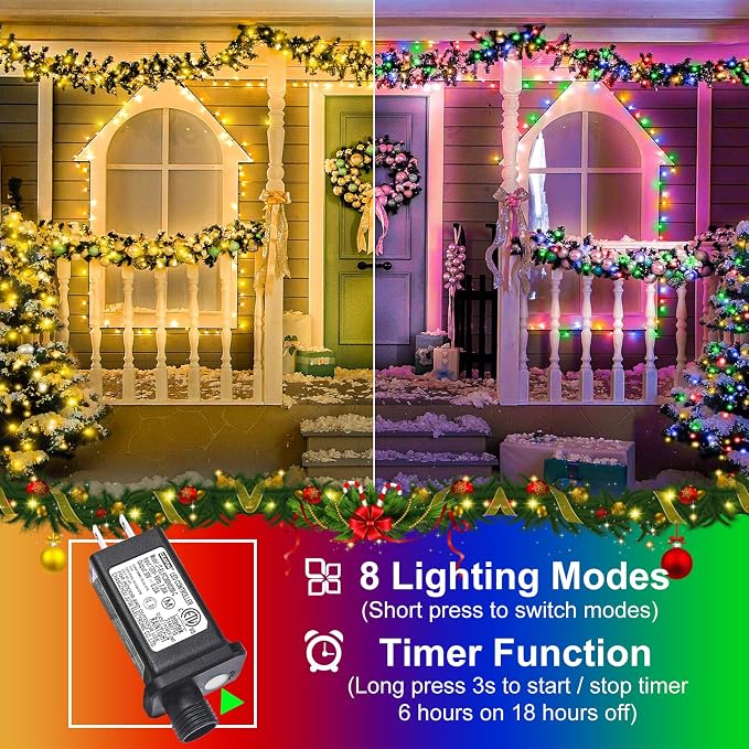 2 Pack Christmas Lights Outdoor, Total 200FT 600LED Christmas Tree Lights Waterproof, 8 Modes Connectable String Lights for Outside Indoor Patio Party Decor, 1 Pack Warm White & 1 Pack Multicolor