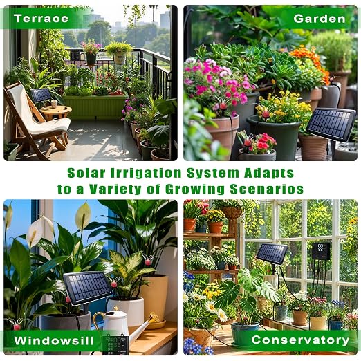 Solar Drip Irrigation System, Auto Watering Kit for 15 Pots, 49FT Hose, Low Water Alarm & Split Solar Panel, One-Button Timer, Self-Watering for Indoor Outdoor Garden Balcony Patio