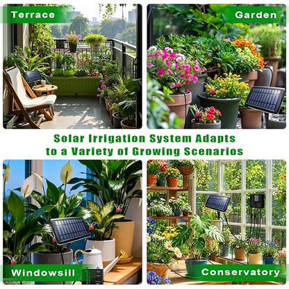 Solar Drip Irrigation System, Auto Watering Kit for 15 Pots, 49FT Hose, Low Water Alarm & Split Solar Panel, One-Button Timer, Self-Watering for Indoor Outdoor Garden Balcony Patio