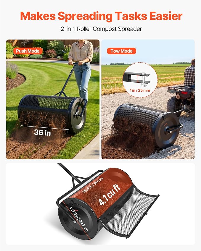 VEVOR Compost Spreader, 36" Wide Peat Moss Spreader with Push/Tow Handle, 4 Heights Adjustable, Powder-Coated Steel Garden Peat Moss Roller, Heavy Duty Grass Seed Roller for Planting Seeding, Black