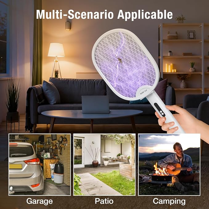 BALDR Electric Fly Swatter Racket, Foldable 2 in 1 Bug Zapper 3000V Powerful Mosquito Killer with Purple Attractant Trap Lamp, 1200mAh Type-C Rechargeable for Indoor Home Office Patio Camping