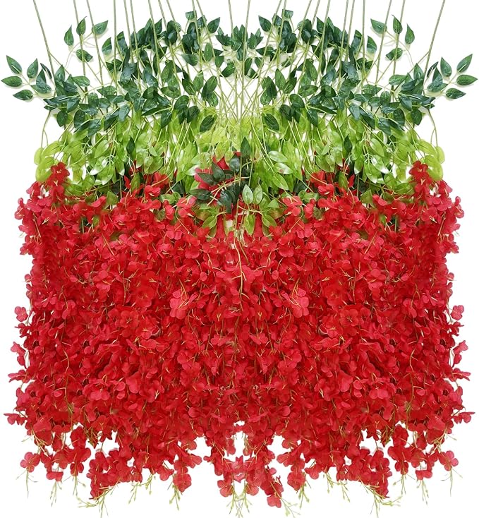 Artificial Wisteria Hanging Flowers Fake Wisteria Flower Garland Silk Vines Rattan Decor for Home Wedding Arch Wall Garden Greenery Bedroom Outdoor Office Party Decoration (36, Red)