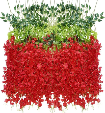 Artificial Wisteria Hanging Flowers Fake Wisteria Flower Garland Silk Vines Rattan Decor for Home Wedding Arch Wall Garden Greenery Bedroom Outdoor Office Party Decoration (36, Red)
