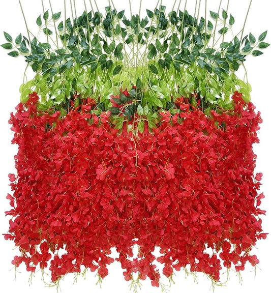 Artificial Wisteria Hanging Flowers Fake Wisteria Flower Garland Silk Vines Rattan Decor for Home Wedding Arch Wall Garden Greenery Bedroom Outdoor Office Party Decoration (36, Red)