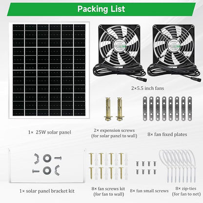 blessny 5.5" Solar 2 Fan Kit for Intake or Exhaust air, Weatherproofed Solar Powered Fans for Outside Chicken Coops, Greenhouses, Shed, Pet House Air Ventilation