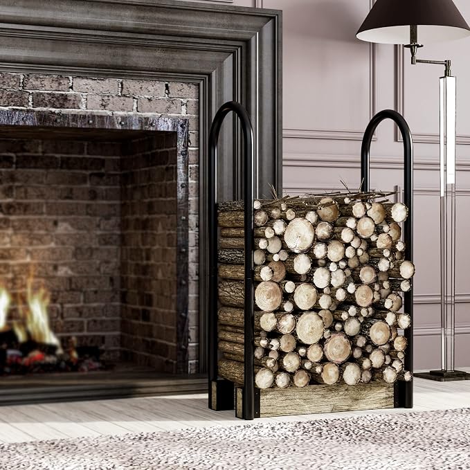 Fire Beauty Firewood Log Rack Adjustable Bracket Kit, Fireplace Wood Storage Holder,Black Powder,Coated Steel, Outdoor and Indoor(Adjustable)