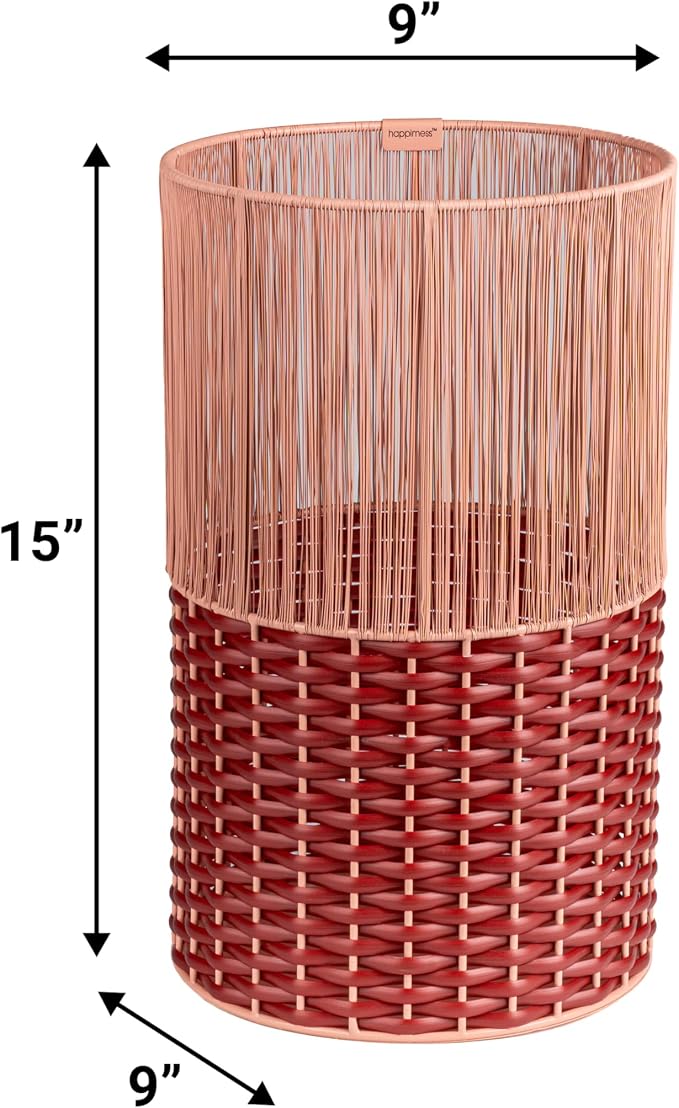 happimess HPM1101C Harper Modern 4.13-Gallon 2-Tone Faux Wicker Cylinder Waste Basket, Pink/Red for Home, Bathroom, Living Room, Office, Bedroom, Kitchen