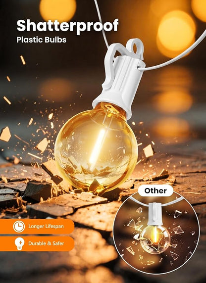 Brightown Outdoor String Lights, 50FT 25 G40 Bulbs Shatterproof Patio Lights, IP65 Waterproof Dimmable Hanging Connectable Globe LED Outdoor Lights for Backyard, Bistro, Porch, Deck, Balcony, White