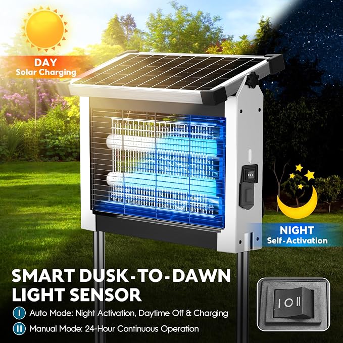 Solar Bug Zapper Outdoor, Waterproof Mosquito Zapper Outdoor Solar Powered, 4500V Electric Bug Zapper Indoor w/Smart Light Sensor, Mosquito Trap Fly Zapper for Patio Kitchen Garage Yard Camping