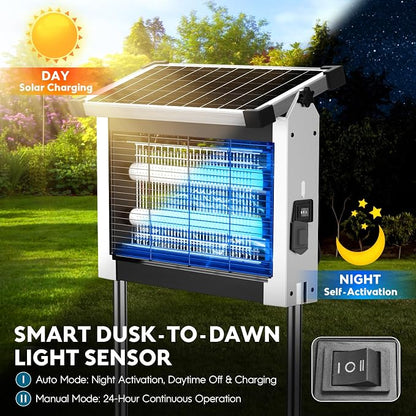 Solar Bug Zapper Outdoor, Waterproof Mosquito Zapper Outdoor Solar Powered, 4500V Electric Bug Zapper Indoor w/Smart Light Sensor, Mosquito Trap Fly Zapper for Patio Kitchen Garage Yard Camping