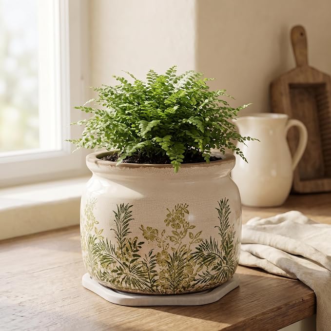 Cottage Ceramic Flower Pots with Decorative Saucer, Plant Lover Gifts | 7.7" Large Indoor Plant Pot, Handmade Antique Crackled Glaze Planter, Rustic Farmhouse Home Decor, Gardening Gifts For Women