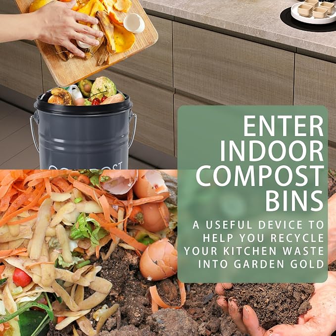 Vipush Compost Bin Kitchen Countertop Composter with lid – Small Compost ContainerI Includes Inner Compost Bucket Liner & Charcoal Filter, Grey