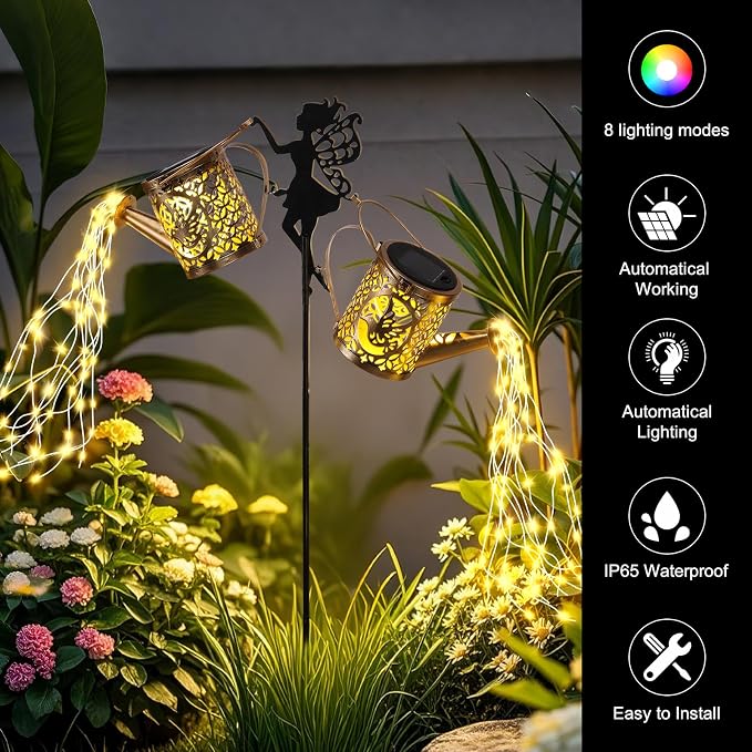 ZKLiLi Solar Fairy Hummingbird Watering Can Lights Outdoor, IP65 Waterproof Garden Decor with one Pole Two Light - Hanging Patio Lawn Pathway Gift for Backyard,Lawn,Patio