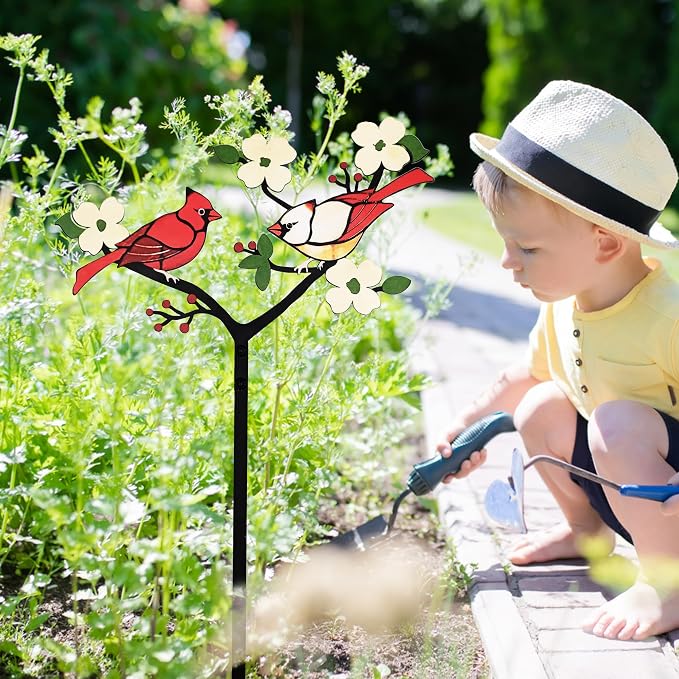 Cardinal Garden Stakes Bird Decor | For Gardens Patios Gravesides 1mm Hardened Steel Rustproof Easy Assembly