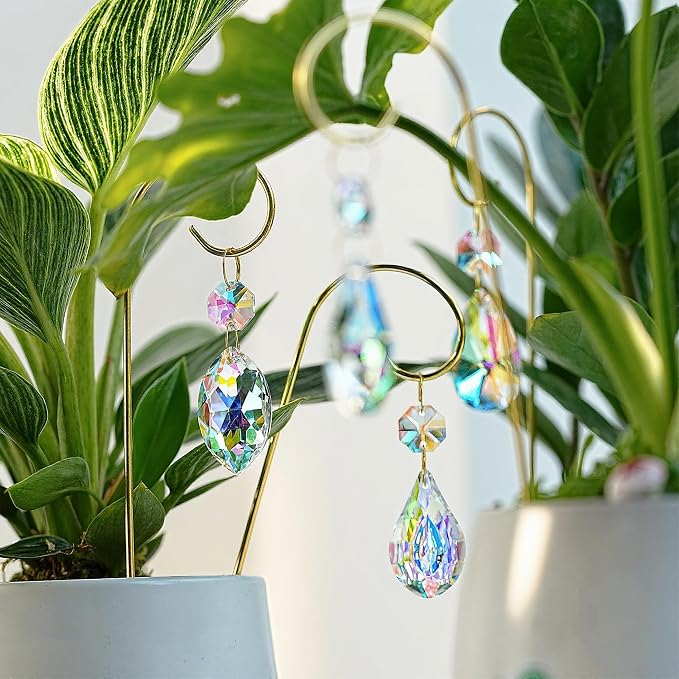 4PCS Small Trellis for Mini Potted Plants with Crystal Prisms Sun Catcher | Indoor Plant Accessories ,7.5inch Metal Plant Stakes Suncatchers for Fairy Garden,Rainbow Crystals,Whimsical Decor For Home