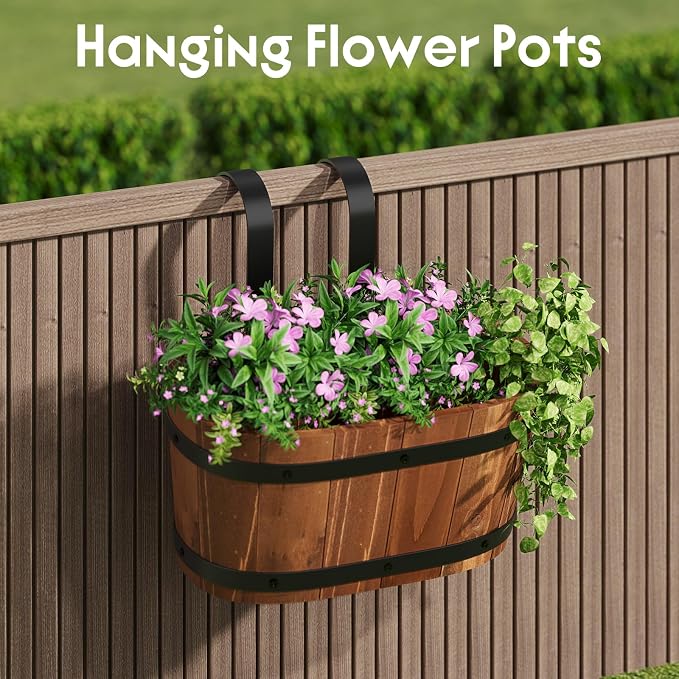 2-Pack Wooden Railing Planters, Hanging Flower Pots with Detachable Hooks for Balcony, Fence, Deck, Garden & Country Home Decor, Brown