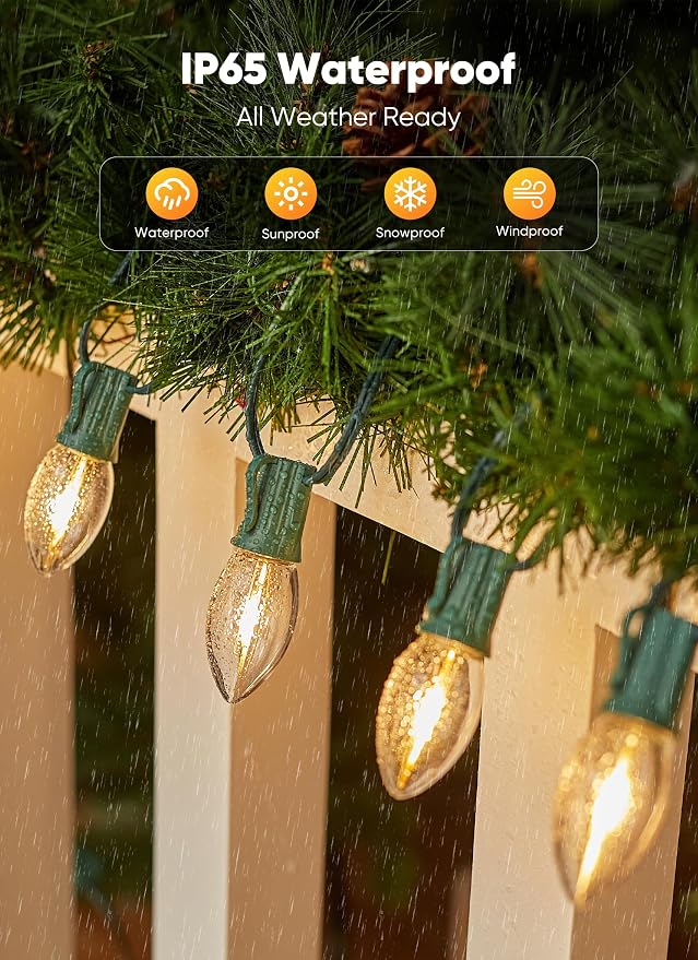 Minetom Vintage C9 Christmas Lights Outdoor, 25 Feet 25 LED C9 Christmas Decorations, Connectable Waterproof String Lights for Holiday Party Roofline Backyard Garden Patio, E17 Base, Warm White