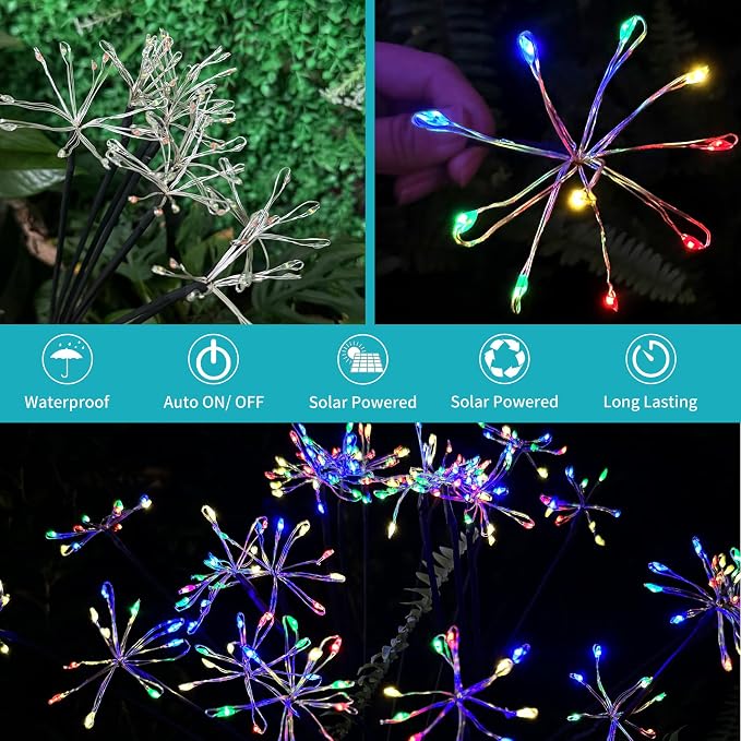 JJGoo Solar Garden Lights, New Upgraded 2 Pack Solar Swaying Starburst Light, Waterproof Fireworks Outdoor Lights, Yard Patio Pathway Decoration, Colorful