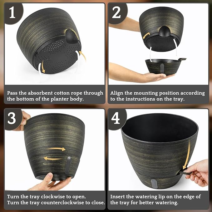 ZMTECH 12/10/8 in Self Watering Pots for Indoor/Outdoor Plants, Gold Bronze Large Plastic Planter with Water Level Indicator, Drainage Hole & Removable Saucer for Garden Flowers, Deco Plant Container