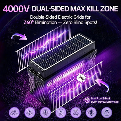 Solar Bug Zapper Outdoor, Purple UV Mosquito Zapper with Smart Rain Off Rechargeable Mosquito Killer Lamp, Wireless Solar Powered Fly Trap for Yard Patio(Midnight Black)