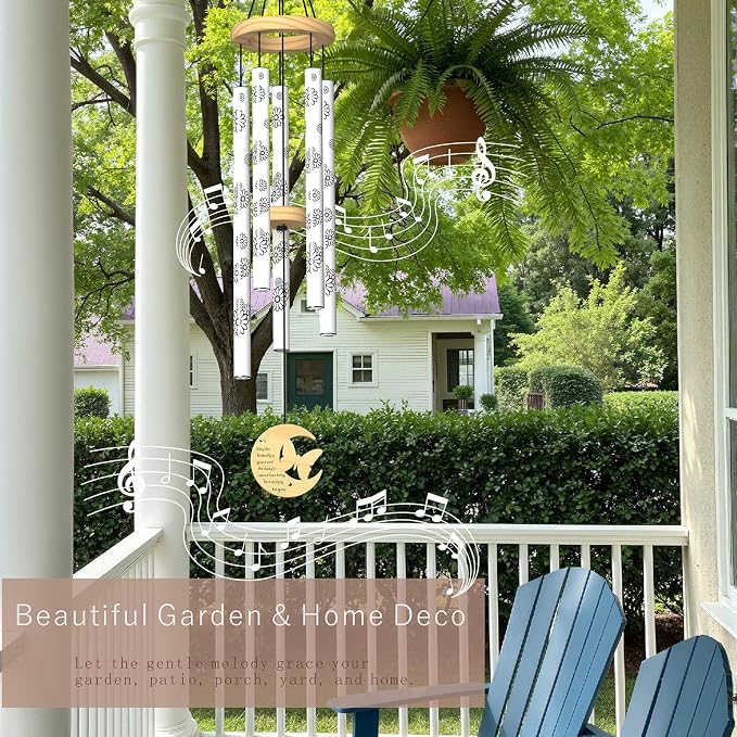 Modern Wind Chimes for Outside, 32" Daisy Print Wind Chime with Butterfly Pendant for Birthday, Mother's Day, Unique Gifts for Women, Garden Yard Patio Porch Home Hanging Decor(Whitestone)