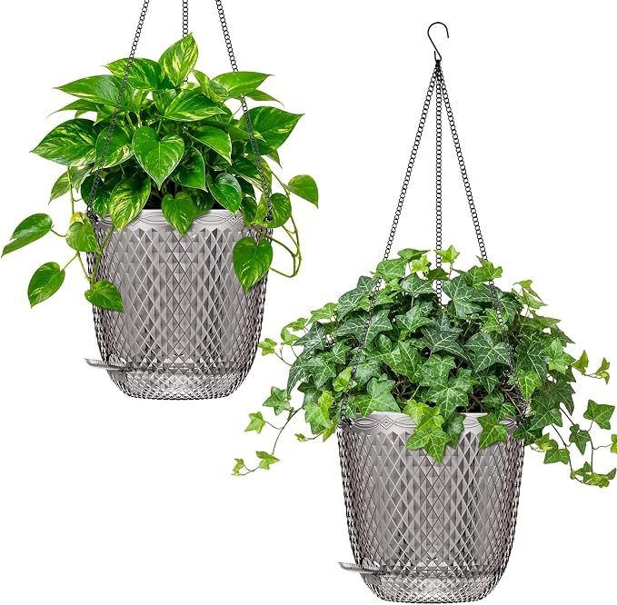 QCQHDU 7.2 Inch 2 Pack Hanging Planters for Indoor Outdoor Plants,Self Watering Flower Pots Hanging Basket,Plastic Plant Hanger with Drainage Holes and 3 Hooks for Window Porch Garden Balcony, (Grey)