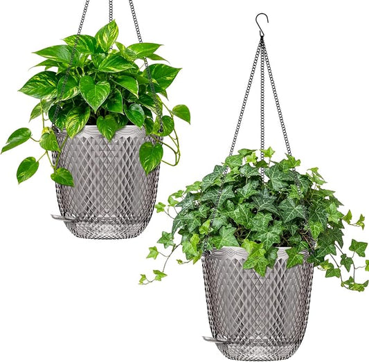 QCQHDU 7.2 Inch 2 Pack Hanging Planters for Indoor Outdoor Plants,Self Watering Flower Pots Hanging Basket,Plastic Plant Hanger with Drainage Holes and 3 Hooks for Window Porch Garden Balcony, (Grey)