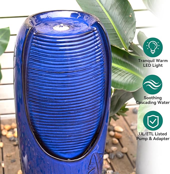 Autodaya 33" Outdoor Fountain with LED Lights, Rich Blue Glaze Ceramic Jar | Decorative Water Fountian with Tropical Leaf Texture, Soothing Water Flow, relaxing focal point for Patio Yard Porch oasis