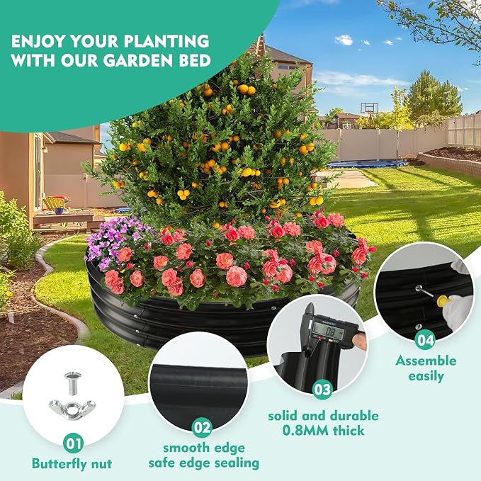 12 Inch Tall 60 Inch Diameter Round Black Raised Garden Bed Kits Outdoor | 1 FT Tall,5 FT Planter Bed for Flowers,Herbs,Vegetables,Trees,0.8MM Thick Galvanized Metal Painted,with Gloves,Tool free