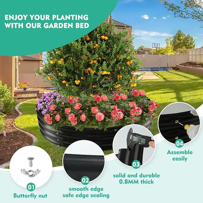 12 Inch Tall 60 Inch Diameter Round Black Raised Garden Bed Kits Outdoor | 1 FT Tall,5 FT Planter Bed for Flowers,Herbs,Vegetables,Trees,0.8MM Thick Galvanized Metal Painted,with Gloves,Tool free