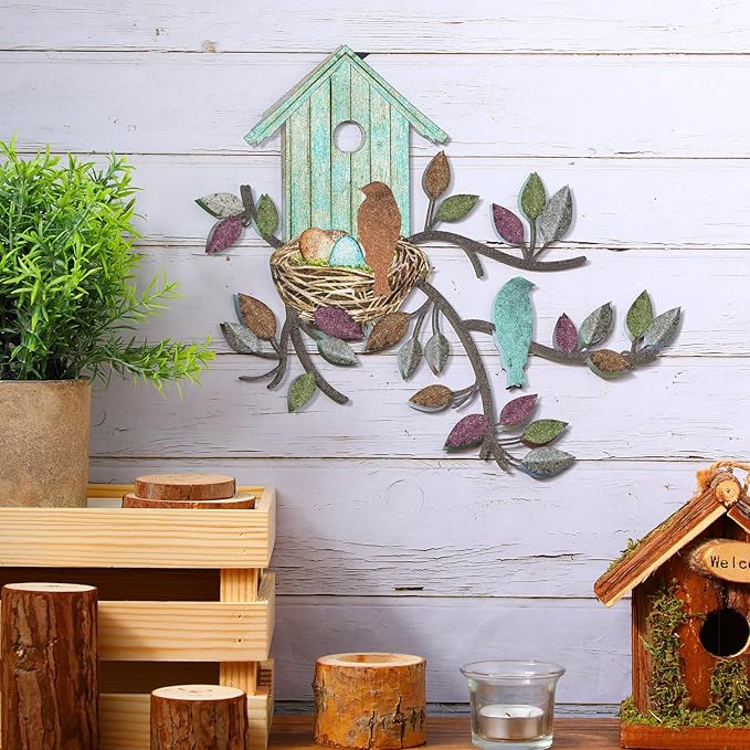Peryiter Birds Wall Metal Decor Outdoor Art Hanging Metal Tree with Birdhouse for Living Room Tree Leaf Wall Decor for Indoor Outdoor Garden(Brown, Light Blue)