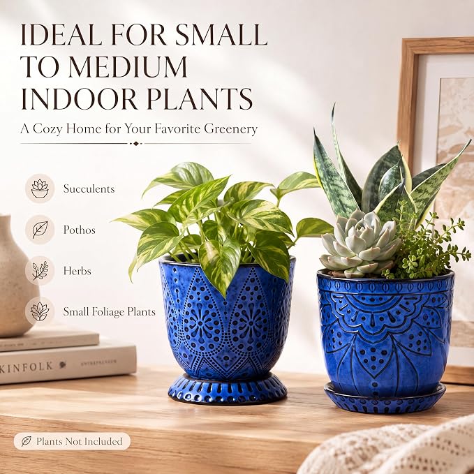 Gepege 6 Inch Beaded Ceramic Planter Set of 2 with Drainage Hole and Saucer for Plants, Indoor-Outdoor Large Round Succulent Orchid Flower Pot (Blue, for Inner-pots not Larger Than 5 Inch)