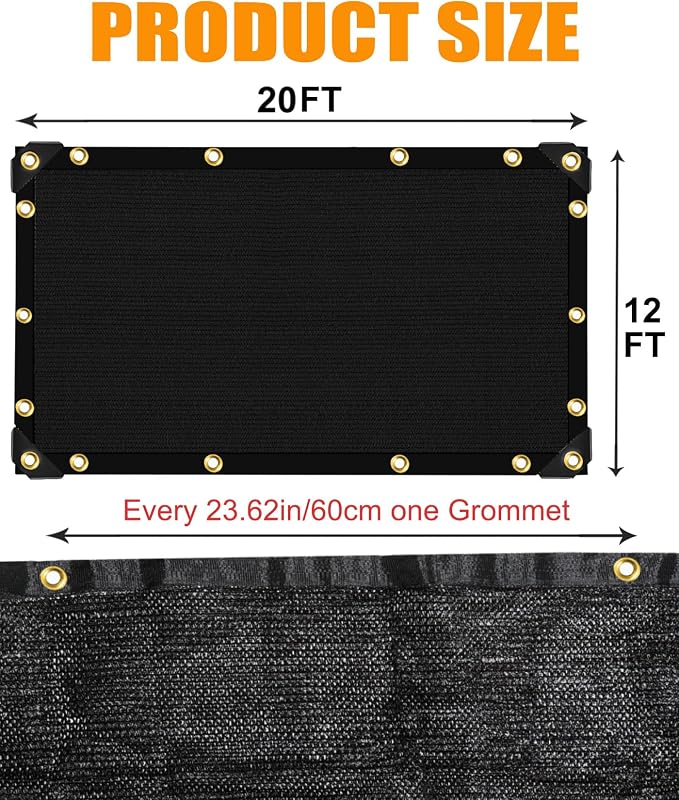 70% Black Sun Shade Cloth 12FT x 20FT, Outdoor Shade Netting with Grommets | UV Sunblock Fabric for Garden, Plants Cover, Greenhouse, Pergola, Patio, Porch & Chicken Coop,Tomatoes