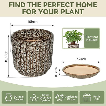 10 Inch Ceramic Planter Pot with Saucer Drainage Leak-Proof Mesh,Flower Pots for Indoor Plants with Gardening Gloves,Ceramic Planter(Spotted-White)