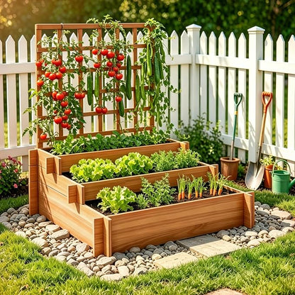 43" 3-Tier Fir Wood Raised Garden Bed Planter with Trellis | Fir wood tiered planter with trellis, liners, and 3 growing beds for flowers, herbs, veggies, vines, patio, or yard