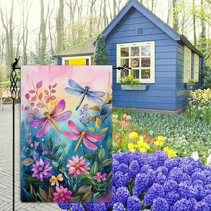 Colorful Spring Summer Dragonfly Garden Flag Floral Flowers Garden Flag Vertical Double Sided Rustic Farmland Burlap Yard Lawn Outdoor Decor 12.5x18"