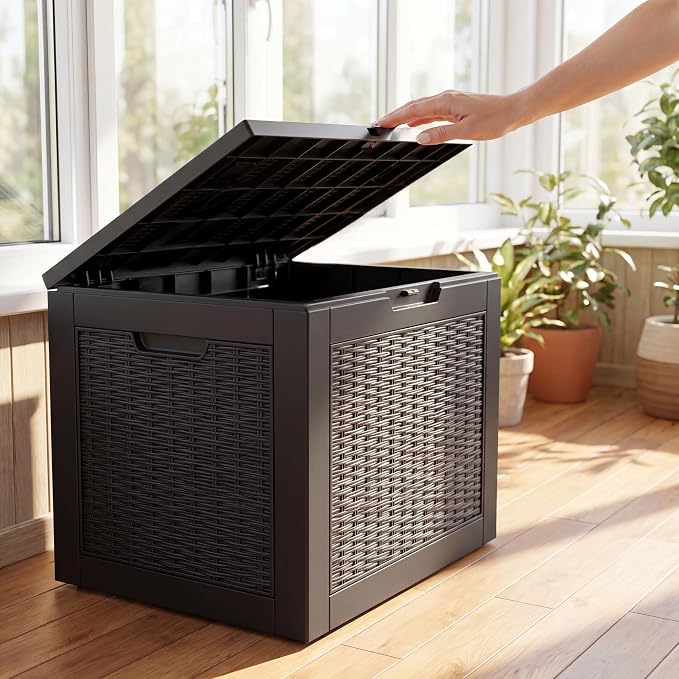 NicBex 30 Gallon Deck Box, Waterproof Resin Rattan Outdoor Storage Box Lockable for Patio Furniture, Fade Resistant Patio Side Table & Organizer for Garden Tools, Pool Floats, Outdoor Cushions, Black