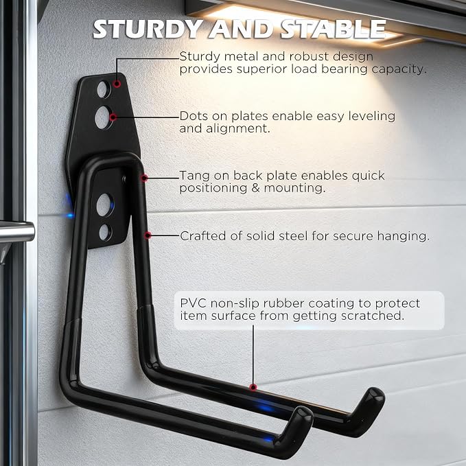 20 Pack Heavy Duty Garage Storage Hooks with Extension Cord Organizer, Solid Steel Wall Mount Hook Set with Anti-Slip Coating Utility J Hooks for Ladders,Bikes,Ropes,Broom,Garden,Yard and Power Tools
