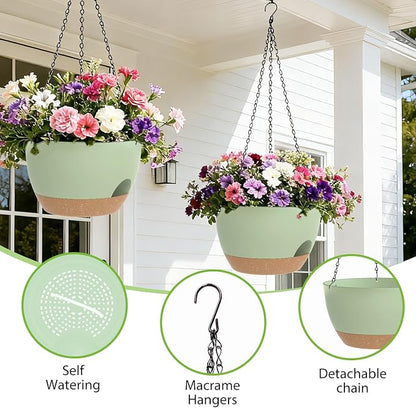 8 Inch Hanging Planters for Indoor Outdoor Plants, 4 Pack Green Brown Plastic Self Watering Hanging Baskets with Drainage Holes and Chain for Garden Porch