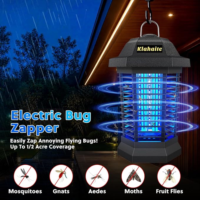 Klahaite Bug Zapper Outdoor, Electric Mosquito Zapper, Fly Zapper Indoor Fly Traps, Mosquito Repellent Outdoor Patio & Backyard Covers 1/2 Acre, 4200V 3 Prong Plug, ABS Fireproof Plastic Outer
